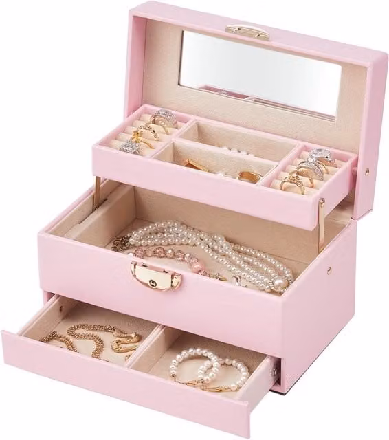 Komore Pink Fabric Lockable Jewellery Storage Box with Mirror and Handles