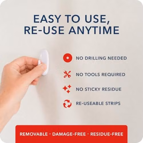Takker White Multi-Purpose Adhesive Wall Hooks with 4 Strips, Holds Up to 1 kg – 5