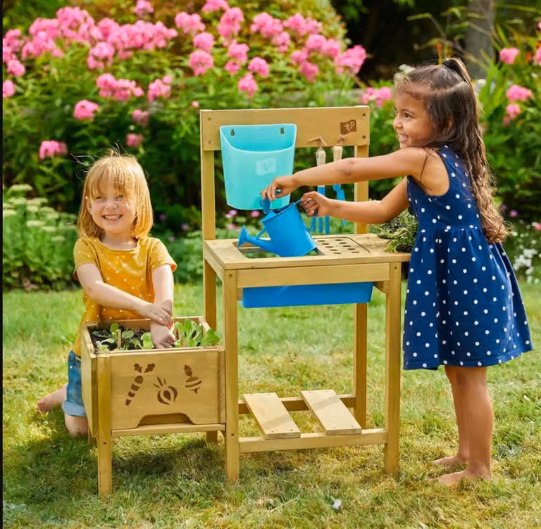 TP Toys Wooden Potting Bench Kids Garden Plant Storage Workstation in Brown