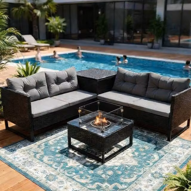 BIRCHTREE 4-Seater Modern Rattan Furniture Set with Fire Pit Table and Side Storage in Black