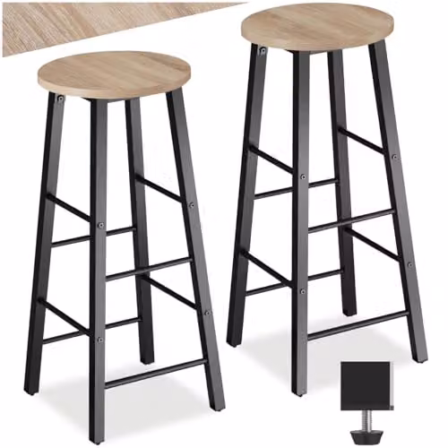 tectake Set of 2 Modern Minimalist Bar Stools with Industrial Steel Frames and Light Wood Seats in Black and Brown – 1