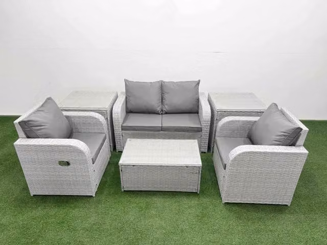 Fimous 4 Seater Grey PE Rattan Garden Furniture Set with 2 Seater Sofa, Lounge Armchair, Coffee Table and 2 Side Tables