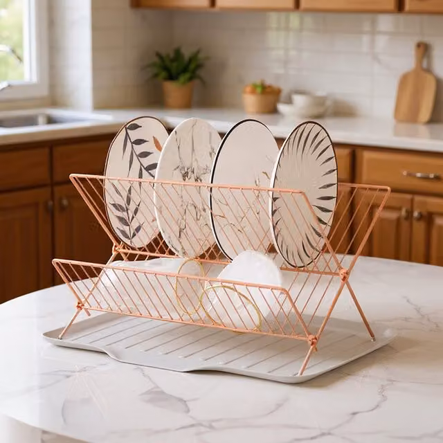 Lifeideas 2 Tier Foldable Metal Countertop Dish Drying Rack with Drip Tray in Gold
