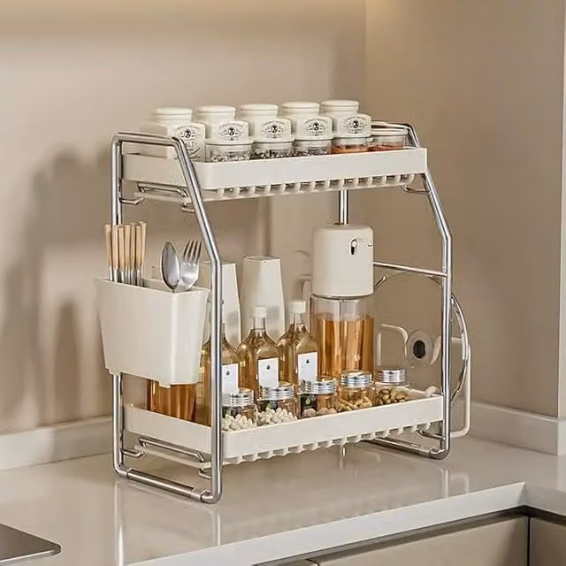 Xample 2-Tier Metal Kitchen Spice Rack with Utensil Holder and Large Countertop Storage Organiser in White