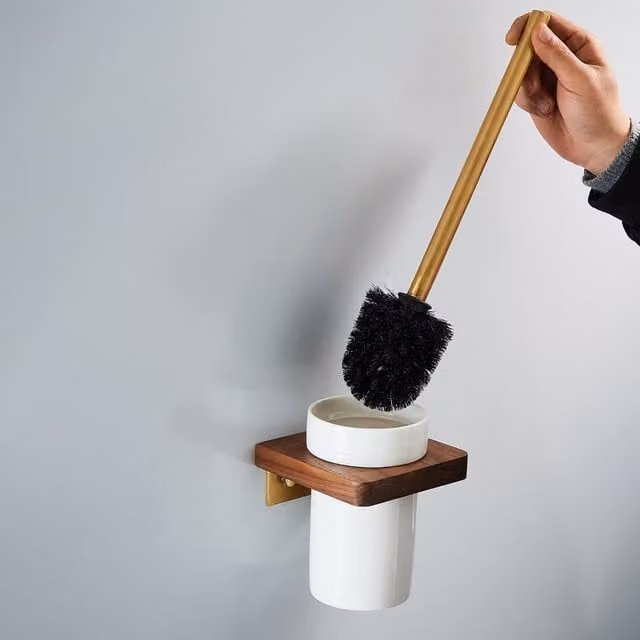 Nes Home Luxury Ceramic Toilet Brush and Holder Set in White with Gold and Walnut Wood Details