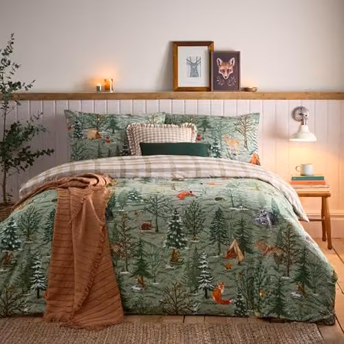 Furn Lodge Wood Reversible Brushed Cotton Flannelette Duvet Cover Set, Green, W/H: 90 x 200 cm