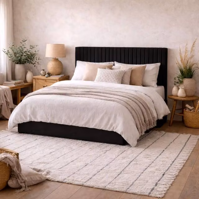 Wyld Haus Dublin King Ottoman Bed in Black Velvet with Tall Ribbed Headboard, W/D/H: 180 x 200 x 124 cm