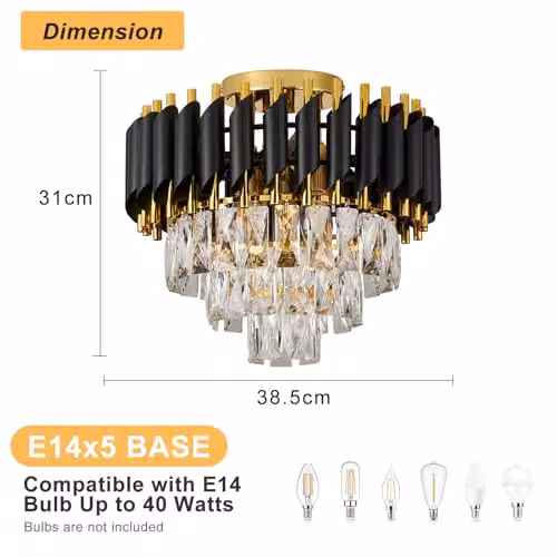 Harper Living Modern Crystal Ceiling Light with 3 Tiers in Black and Gold Finish – 4