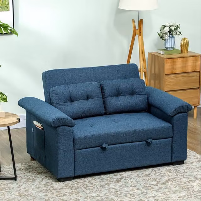 HOMCOM Blue Upholstered Click Clack Pull Out Sofa Bed Settee with Pillow