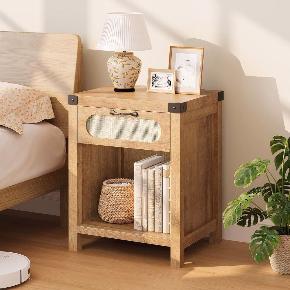 London Boutique Boho Rattan Bedside Cabinet with Drawer and Shelf in Natural – 5