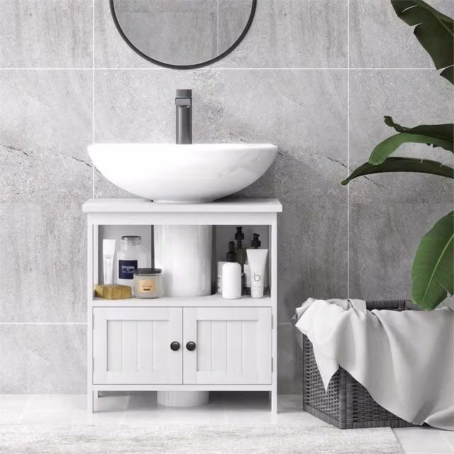 EONLION White Modern Bathroom Storage Organizer Unit with Hinged Doors and Internal Shelves