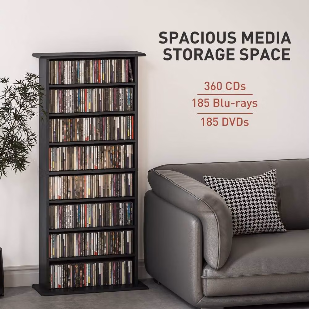 Wyld Haus Kael Black CD Storage Unit with 8 Media Compartments and Adjustable Shelves, H 126.3 cm x W 58 cm x D 24 cm – 5