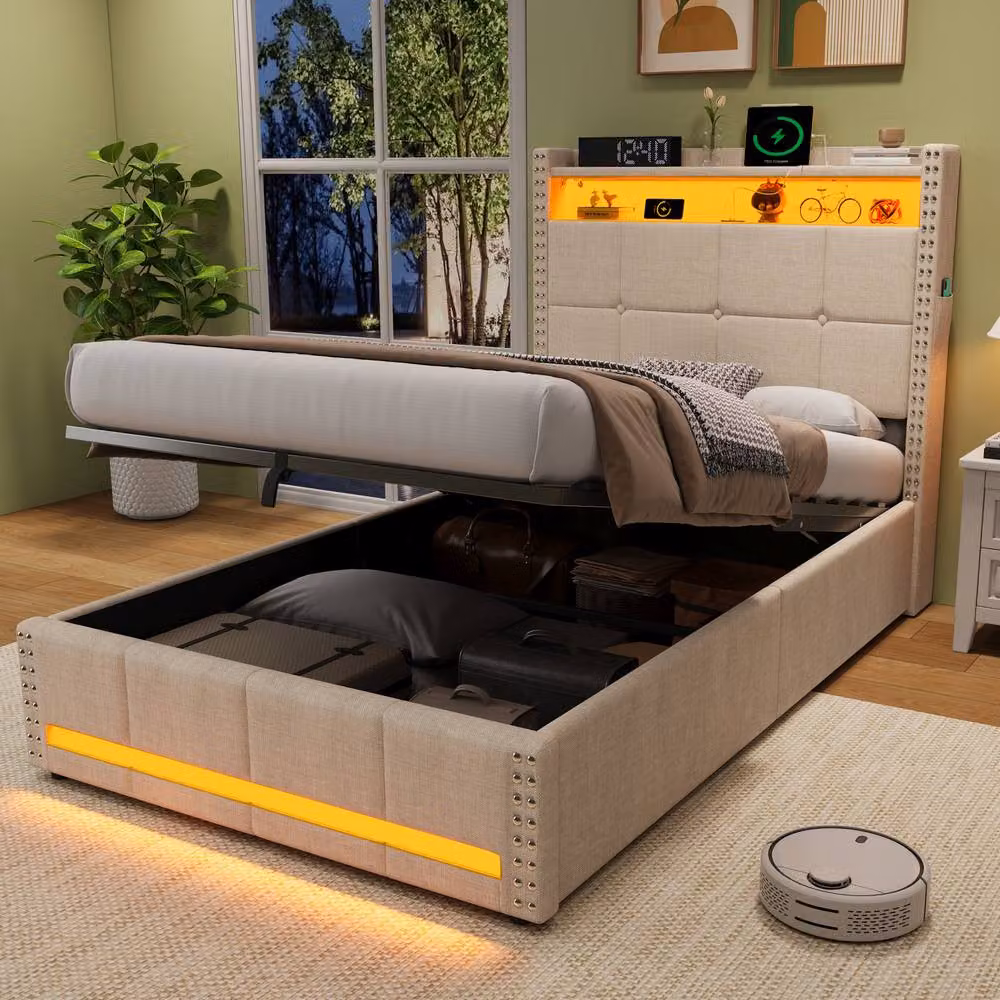 Rolipo Single Upholstered Ottoman Bed in Beige with LED Under-Bed Lighting and USB Charging Ports – 3
