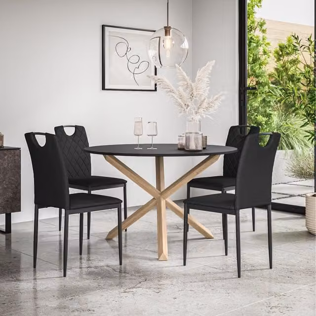 More4Homes Malvern Round Black Dining Table Set with Oak Legs and 4 Monza Faux Leather Chairs, Diameter: 120 cm, Height: 75 cm