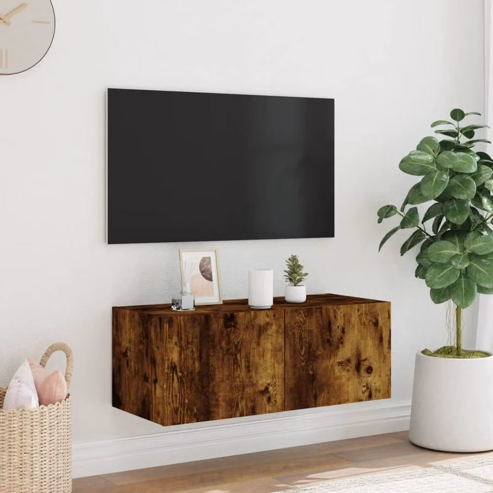 Berkfield Home Modern Wall Mounted TV Cabinet with Integrated LED Lights in Smoked Oak Brown, W: 80 cm, D: 35 cm, H: 31 cm – 4