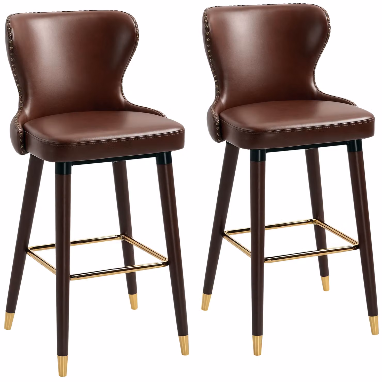 HOMCOM Set of 2 Luxury Brown Synthetic Leather Bar Stools with Gold Metal Accents – 2