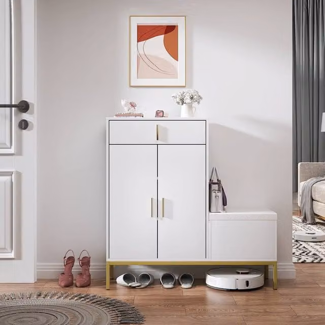 KEEPREAPER Modern L-Shaped Corner Shoe Storage Cabinet with Bench in White – 1