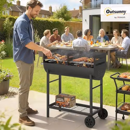 Outsunny Charcoal Barbecue Grill with 2 Cooking Areas and Wheels in Black or Grey – 2
