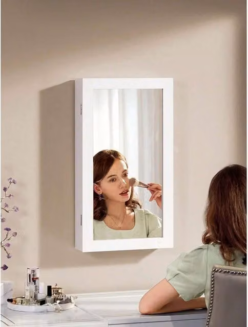SONGMICS Wall Mount Mirrored Jewellery Cabinet in White