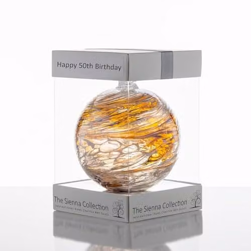 Sienna Glass Gold and White 50th Birthday Hanging Glass Bauble Ornament, Diameter: 10 cm