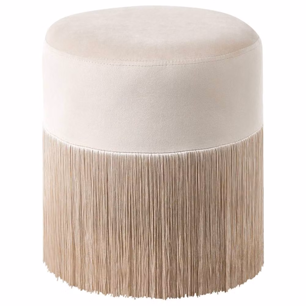 Wyld and Coco Beige Velvet Round Ottoman Pouffe with Tassels – 2