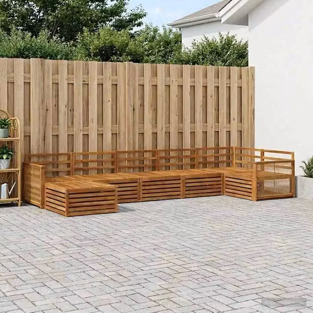 Berkfield Home 7 Piece L-Shape Outdoor Sofa Set in Brown Acacia Wood with Cushions
