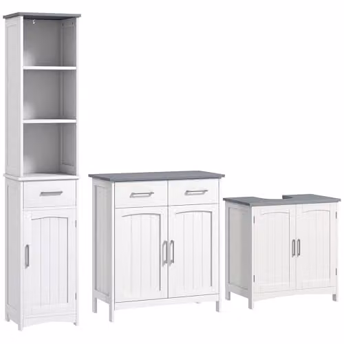 Kleankin 3-Piece Modern Bathroom Furniture Set in White with Vanity Unit, Side Cabinet and Tall Cabinet – 1