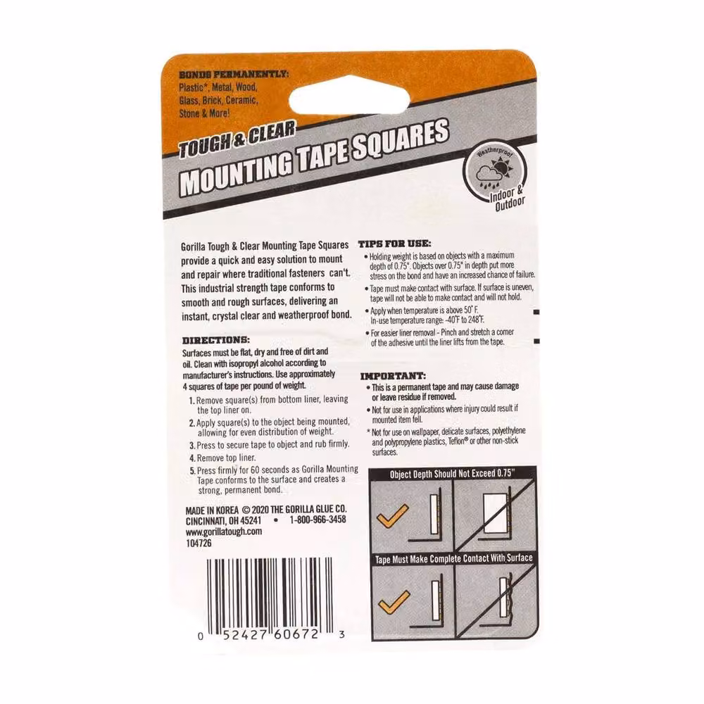 Gorilla Glue Mounting Tape Squares, 24 Pack, Clear – 2