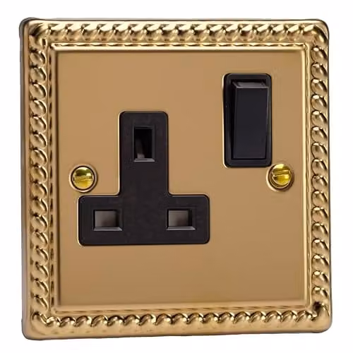 Varilight 1 Gang 13 Amp Single Switched Socket in Georgian Brass with Black and Yellow Plate