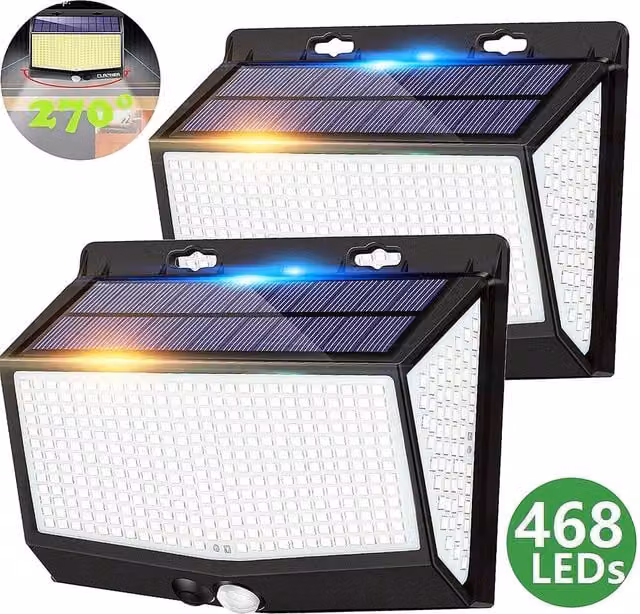 YnysTec Solar Power Wall Light with 468 LED and Motion Sensor in Jet Black, Diameter: 15.24 cm