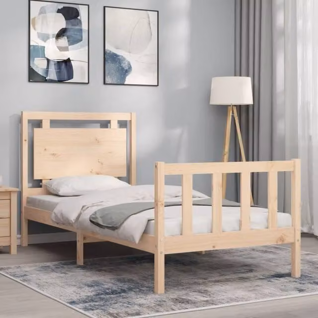 Berkfield Home Beautiful Bed Frame with Headboard in Beige Solid Pine Wood, W/D/H: 100 x 200 x 105.5 cm