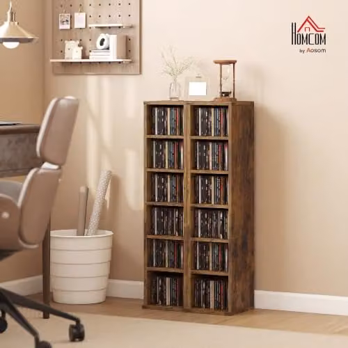 HOMCOM Set of 2 Rustic Brown CD and DVD Storage Tower Racks with Adjustable Shelves – 2