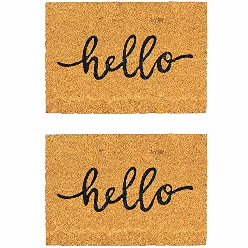 Nicola Spring Hello Coir Door Mats, Pack of 2, Brown and Multicolour, W: 90 cm, D: 60 cm – 1