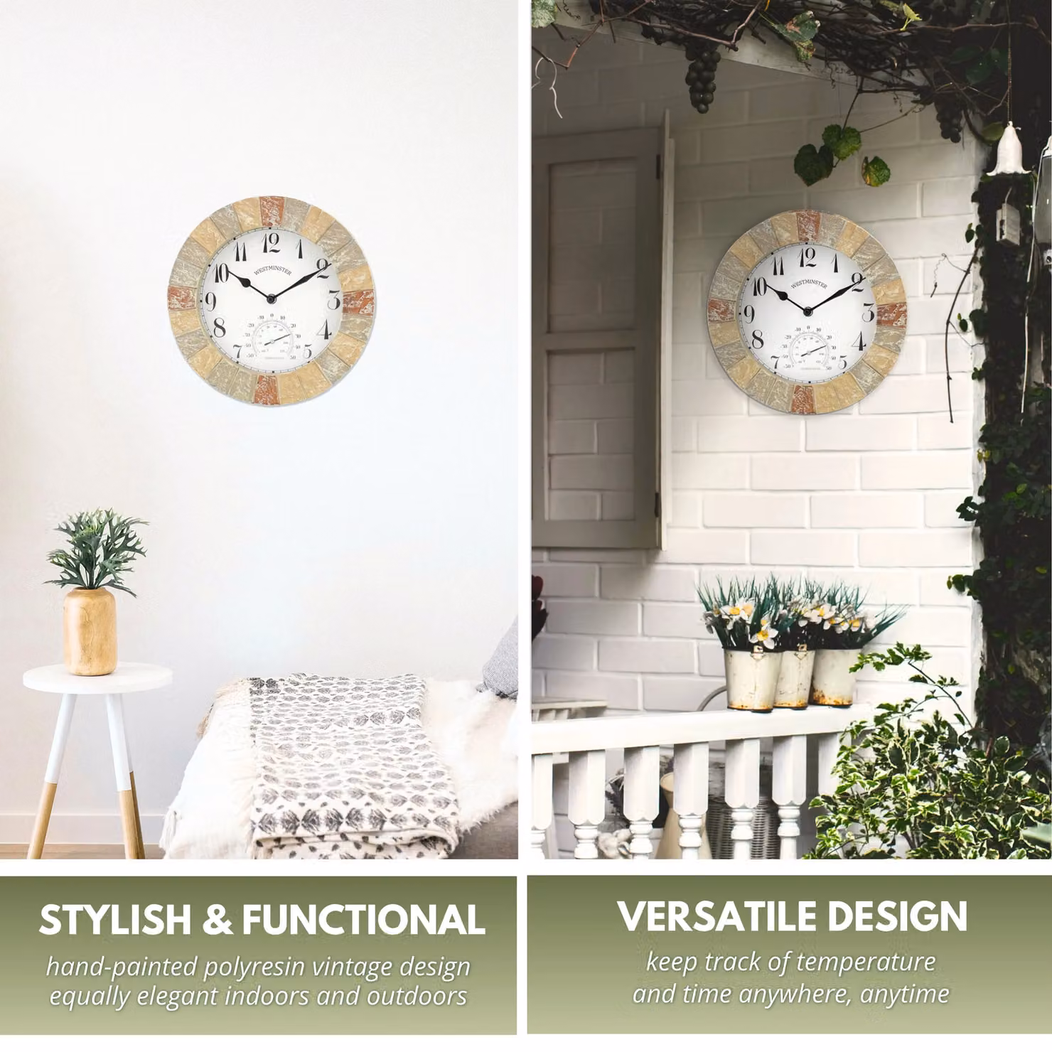 Marco Paul Westminster Stone Slates Round Analog Garden Clock and Thermometer, Diameter: 26 cm – 6