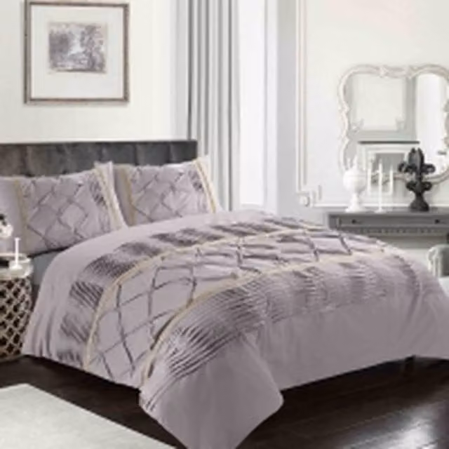 Homes-Linen Luxury Eleanor Pintuck Striped Duvet Cover Set in Silver Grey, Size: 90 x 200 cm – 1