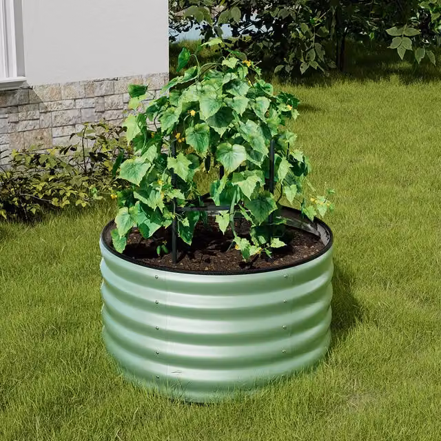 Livingandhome Round Galvanised Steel Raised Garden Flower Bed in Green