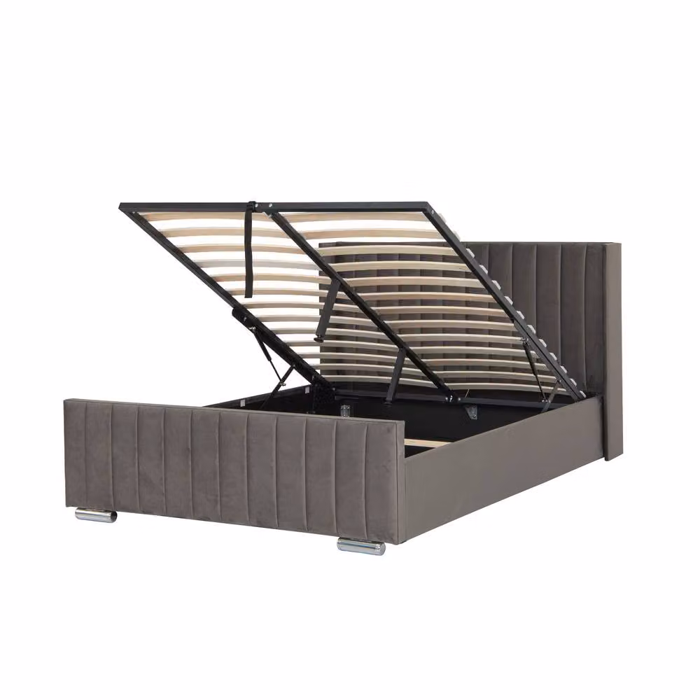 Harmin Luxury EU Double Winged Ottoman Bed in Dark Grey Plush Velvet with Lift Up Base – 3