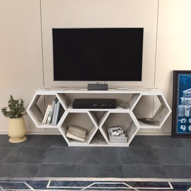 Decorotika Modern White Geometric Honey TV Unit with Media Compartments