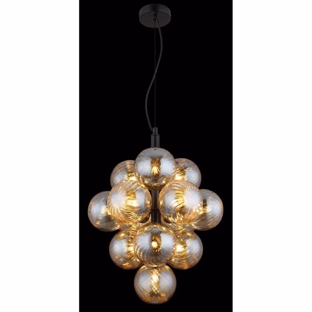 Netlighting Conor Globe Pendant Light with Amber Glass Spheres and Matt Black Metal, Height Adjustable – 2