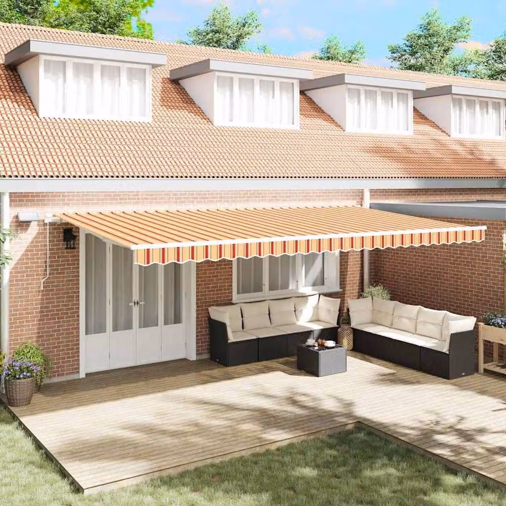 Berkfield Home Manual Retractable Polyester Awning with LED in Yellow and Orange Striped, W: 600 cm, D: 300 cm – 2