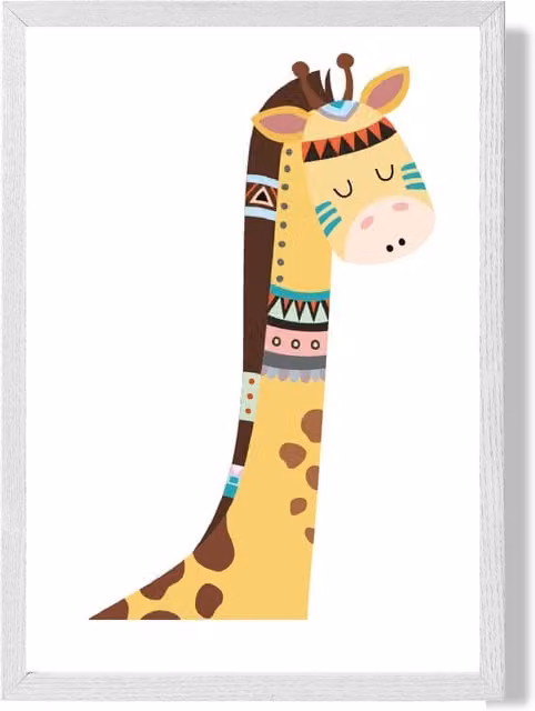 ARTZE Peeking Giraffe Tribal Animal Framed Print, Yellow and White, A3