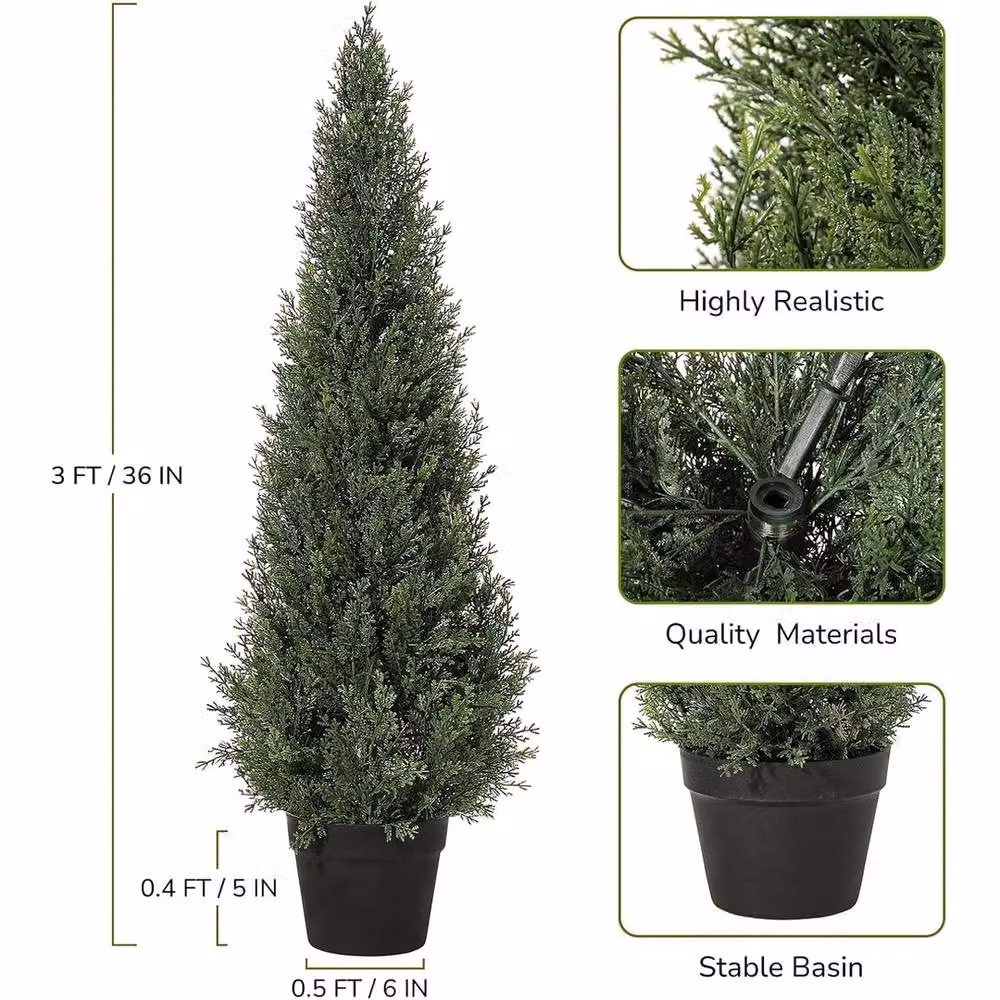 VOGREX Set of 2 Green Artificial Cedar Topiary Trees, Height: 91.44 cm – 2