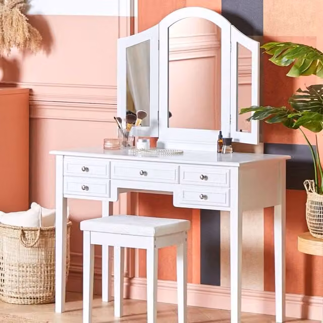 Wyld and Coco White MDF Dressing Table with 2-Wing Mirror and Stool, W/D/H: 95 x 45 x 144 cm