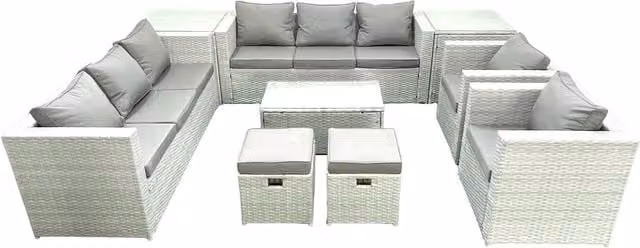 Fimous Outdoor Rattan Garden Furniture Set in Light Grey with 2 Armchairs, Oblong Coffee Table, 2 Small Footstools and 2 Side Tables