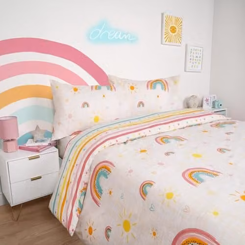Dreamscene Rainbow Striped Reversible Kids Duvet Cover and Pillowcase Set, Multicolour, W/D/H: 200 x 200 cm