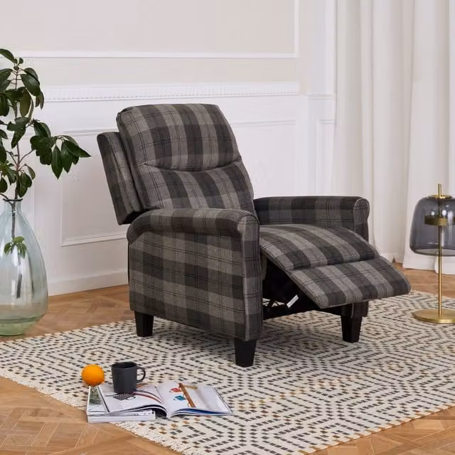 Julian High Back Recliner Armchair in Grey Tartan Fabric
