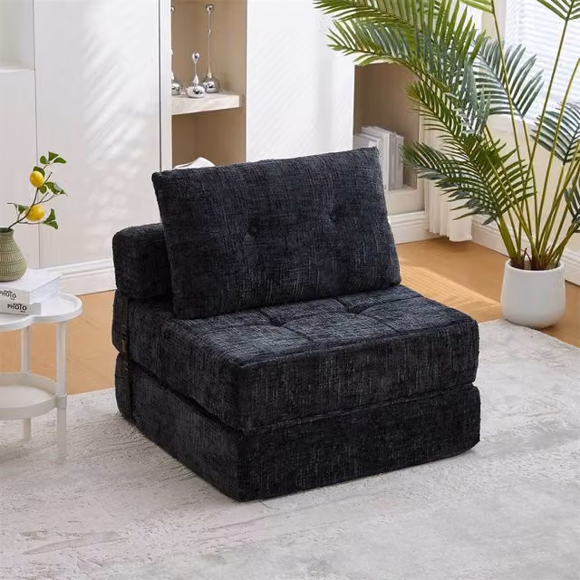 Direct Wicker Black Chenille Tufted Folding Sofa Bed with Pillow and Back Support
