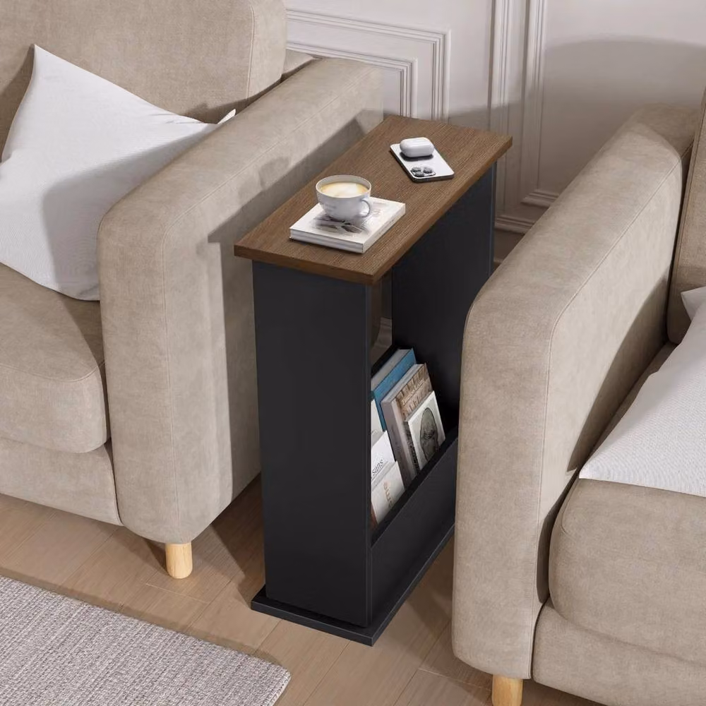 Havendro Walnut and Black Slim Side Table with Storage, W/D/H: 45 x 18 x 55 cm – 2