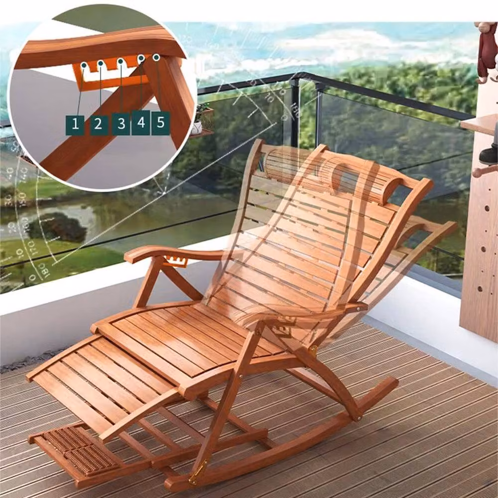 KORVIXA Brown Bamboo Rocking Chair with Adjustable Headrest and Armrests – 4