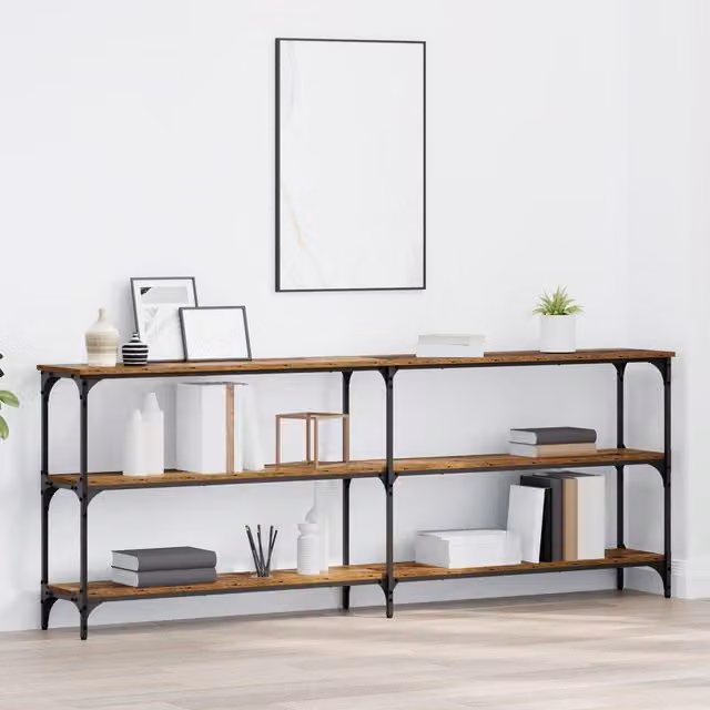 Berkfield Home Industrial Console Table in Brown Wood and Metal, W/D/H: 200 x 29 x 75 cm